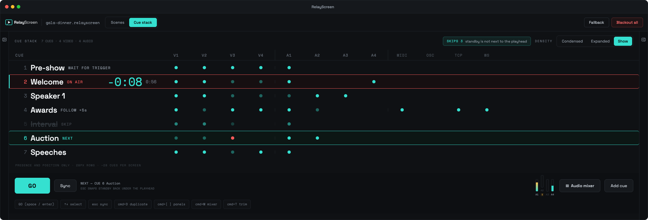 WareCue running a show on Windows, with the cue list, live outputs and show timer in one window